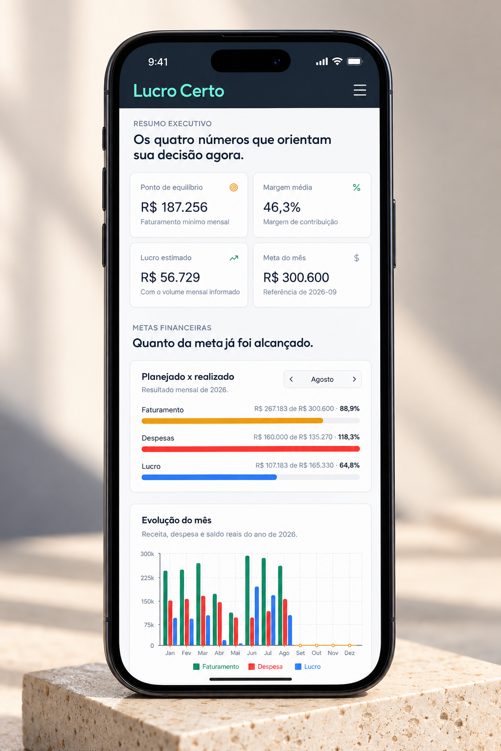 Celular inteiro exibindo o resumo executivo dos indicadores