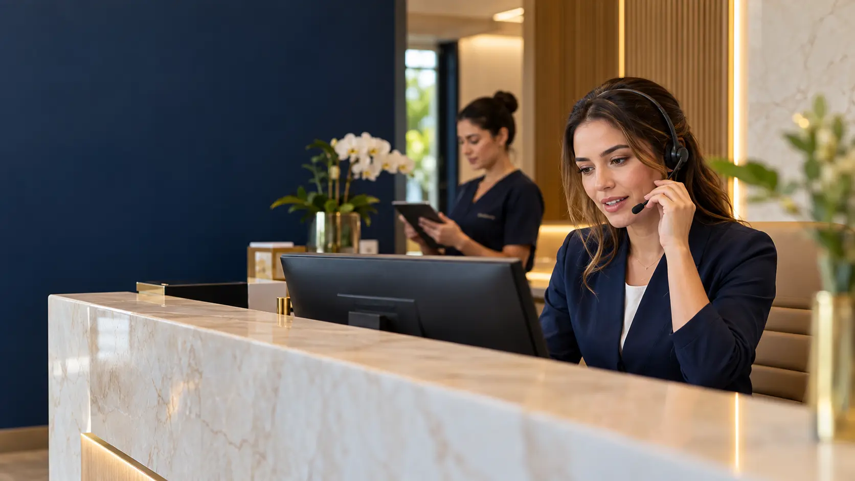 Profissional de atendimento conversando ao telefone na recepção de uma clínica