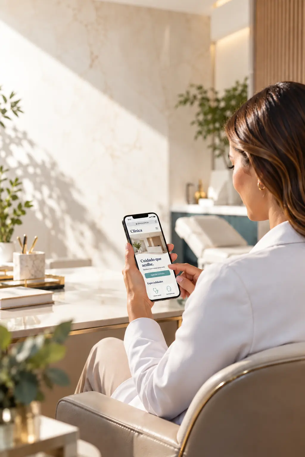Profissional de saúde navegando pelo site de uma clínica em um celular